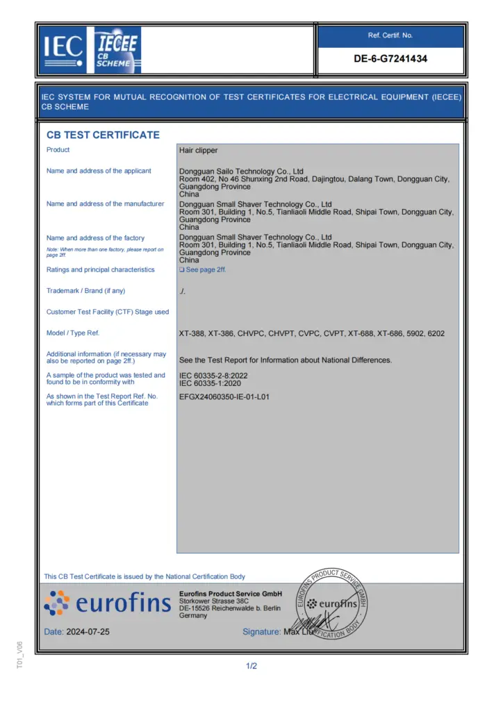 CB Certificate Product safety certification support for selected electric hair clipper and grooming appliance projects.