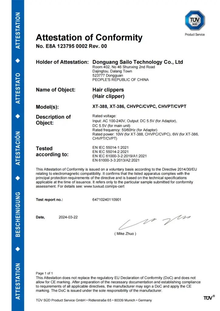 XIAOTI CE certificate for professional hair clipper