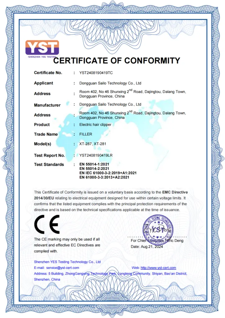 XIAOTI CE certificate for professional hair clipper