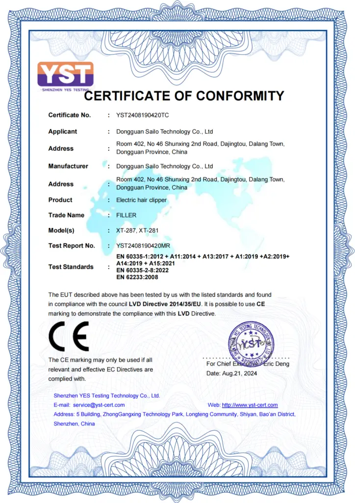 XIAOTI CE-LVD certificate for professional hair clipper