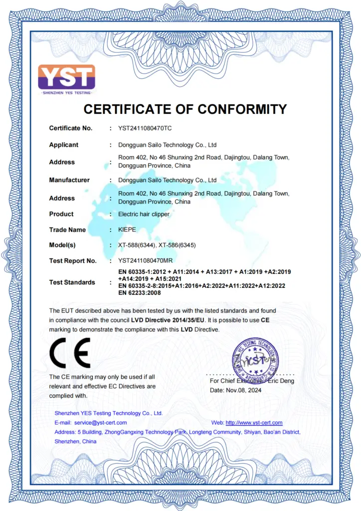 XIAOTI CE-LVD certificate for professional hair clipper