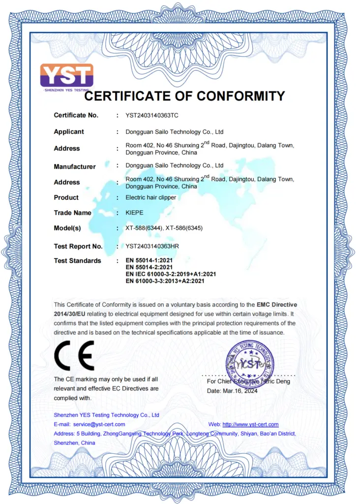 XIAOTI CE certificate for professional hair clipper