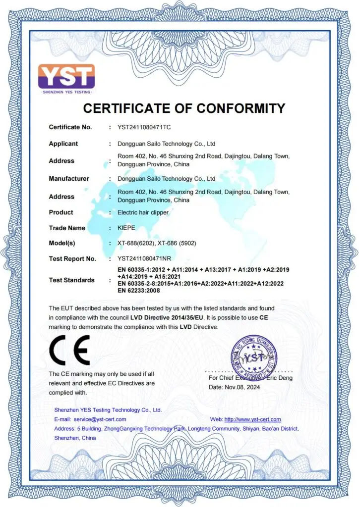 XIAOTI CE-LVD certificate for professional hair clipper