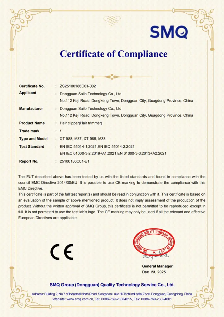 CE Certificate Compliance document for selected XIAOTI professional hair clipper and grooming tool models.